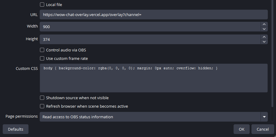 The OBS browser source properties window, with the URL, Width and Height fields filled in.